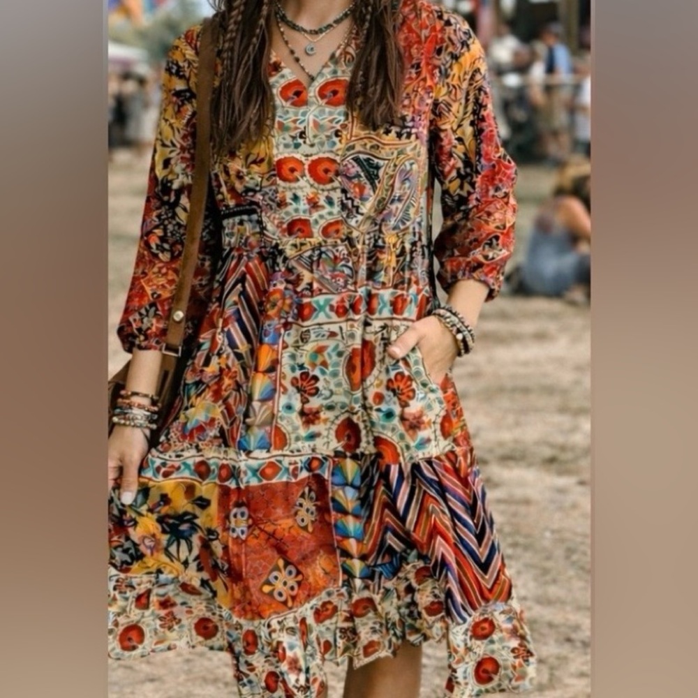 Shana Silk Boho Tiered Dress w Pockets Cruise Johnny Was Inspired NWT M